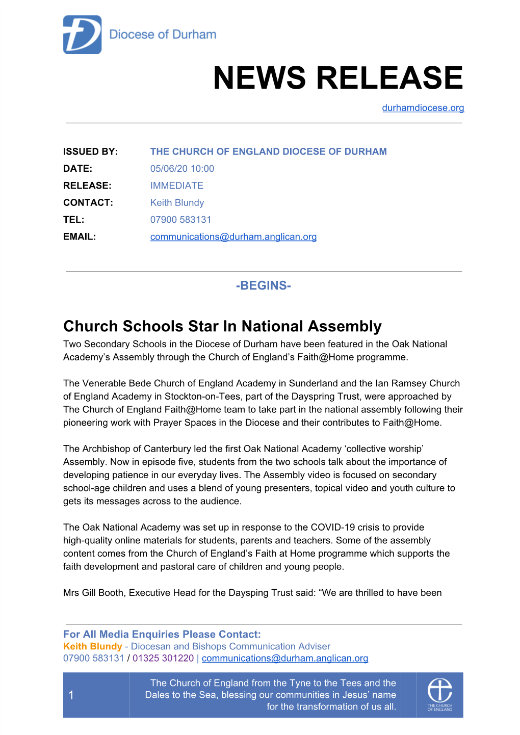 NEWS RELEASE Durhamdiocese.Org