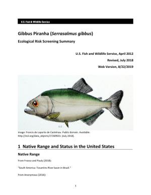 Gibbus Piranha (Serrasalmus Gibbus) Ecological Risk Screening Summary