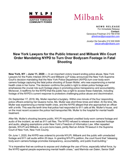 New York Lawyers for the Public Interest and Milbank Win Court Order Mandating NYPD to Turn Over Bodycam Footage in Fatal Shooting