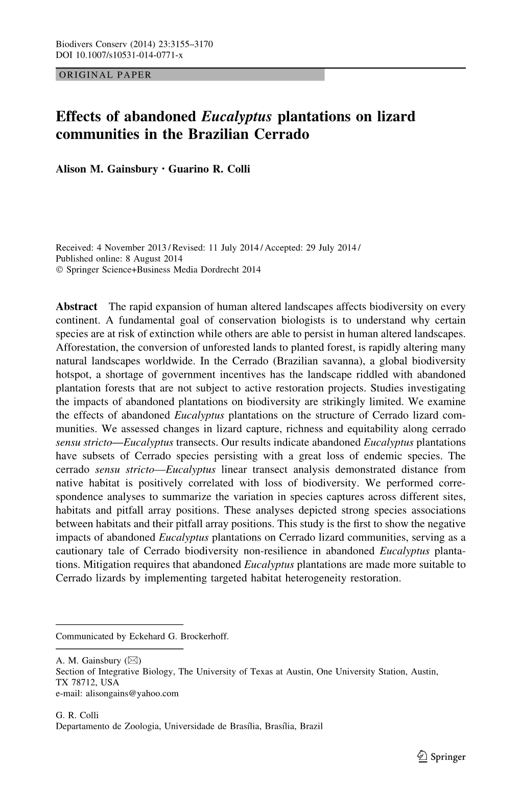 Effects of Abandoned Eucalyptus Plantations on Lizard Communities in the Brazilian Cerrado