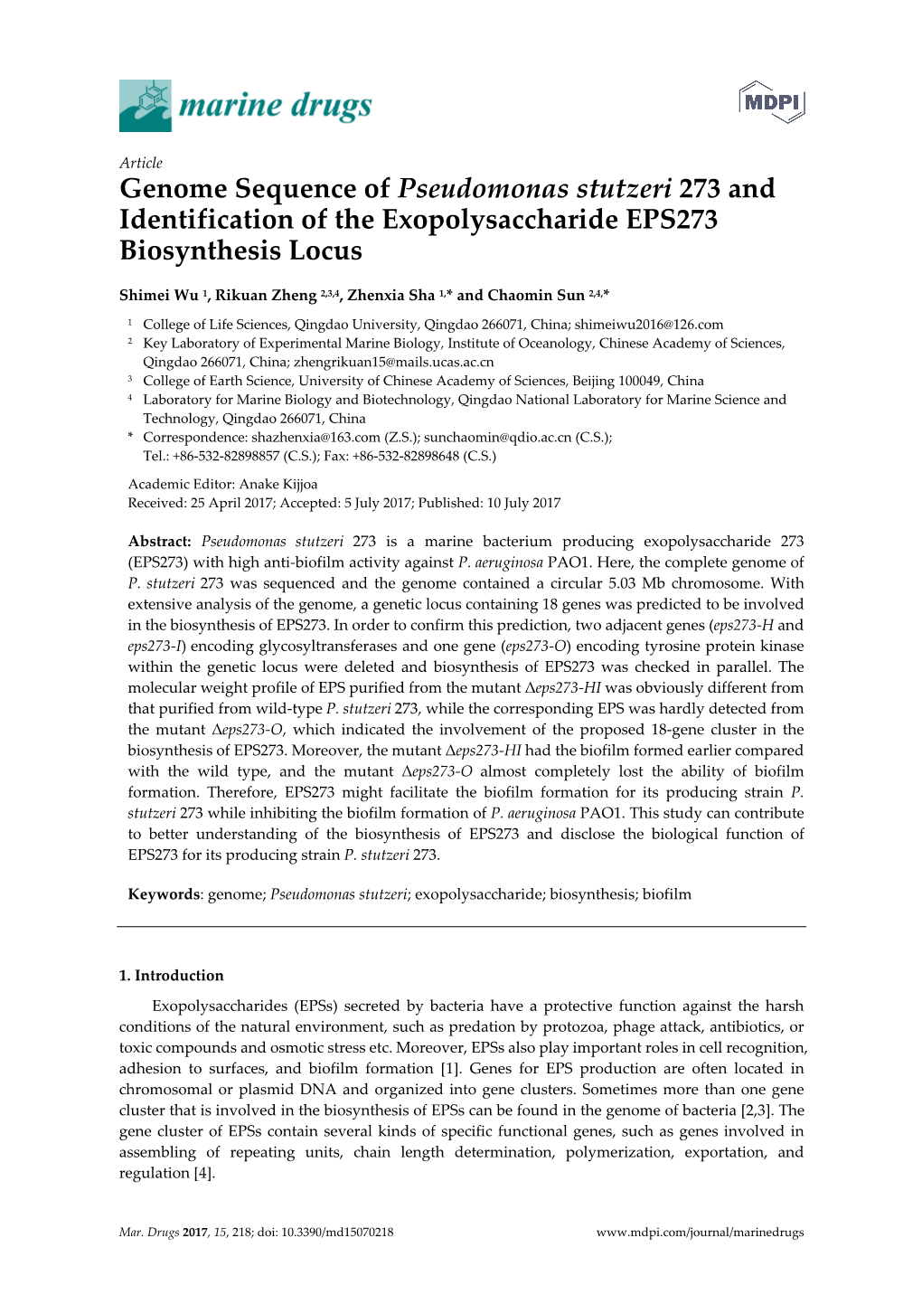 Genome Sequence of Pseudomonas Stutzeri 273 and Identification of the Exopolysaccharide EPS273 Biosynthesis Locus