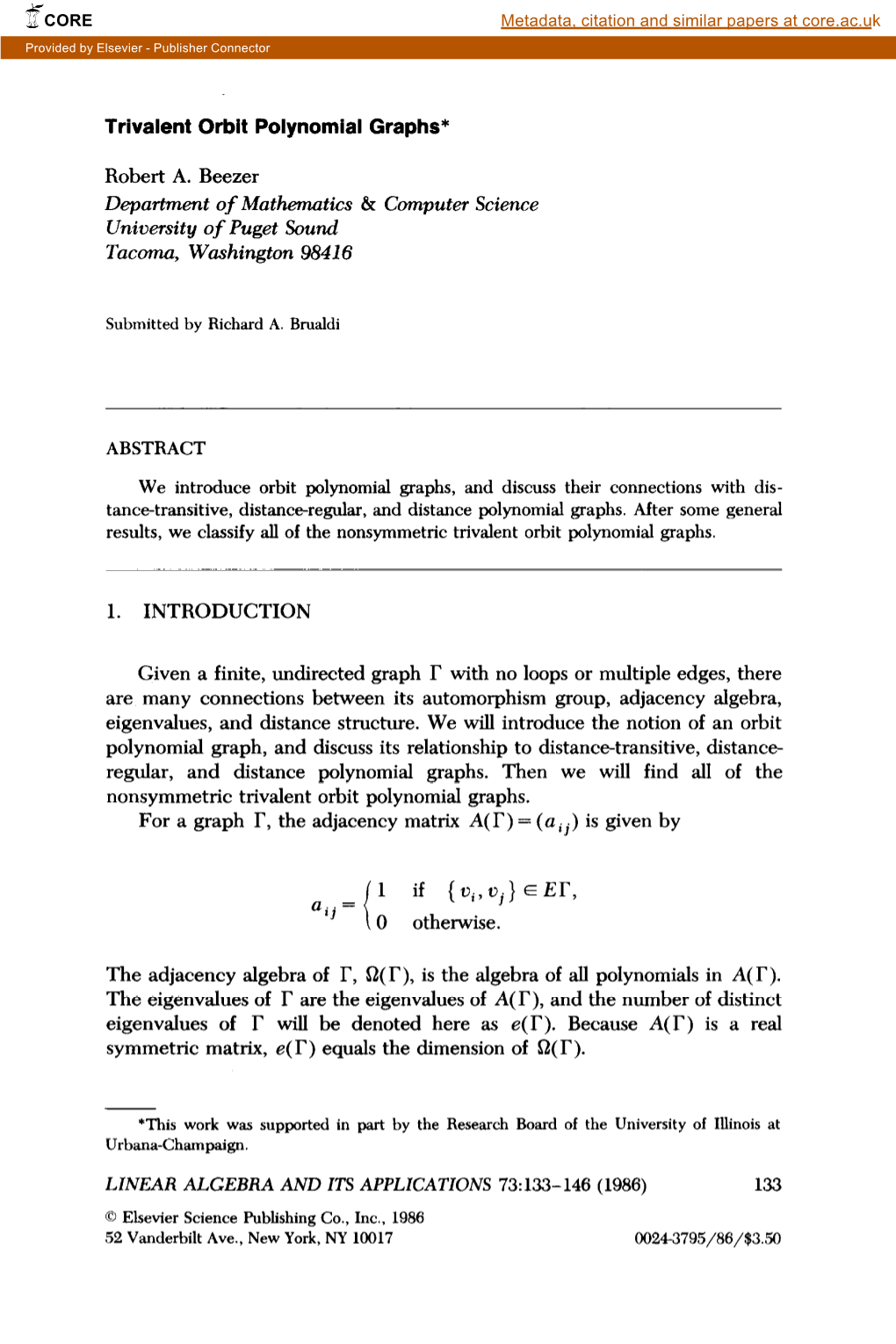 Trivalent Orbit Polynomial Graphs* Robert A. Beezer Department Of