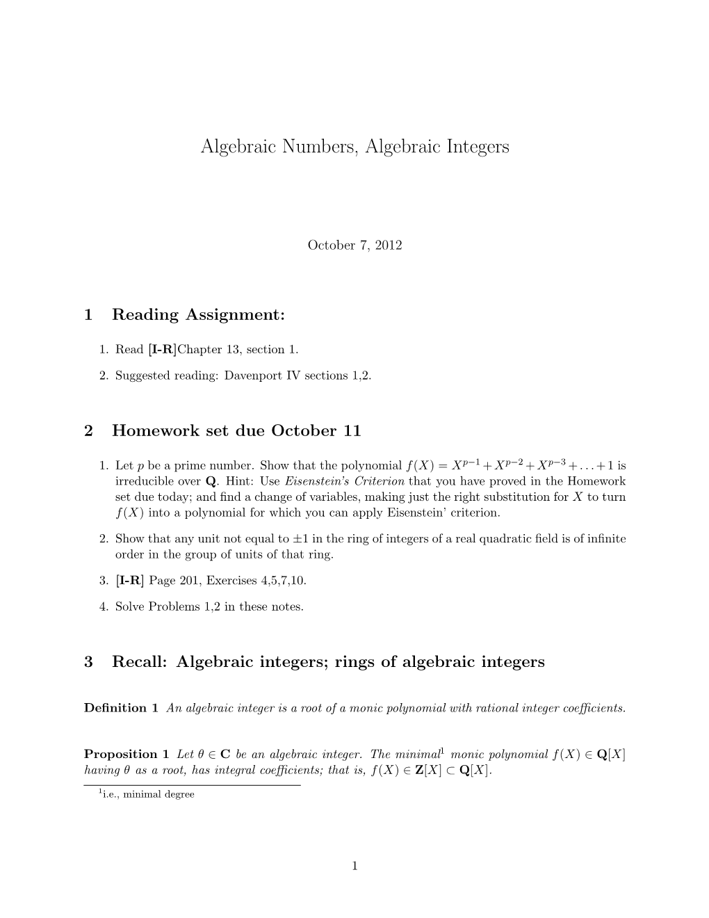 Algebraic Numbers, Algebraic Integers