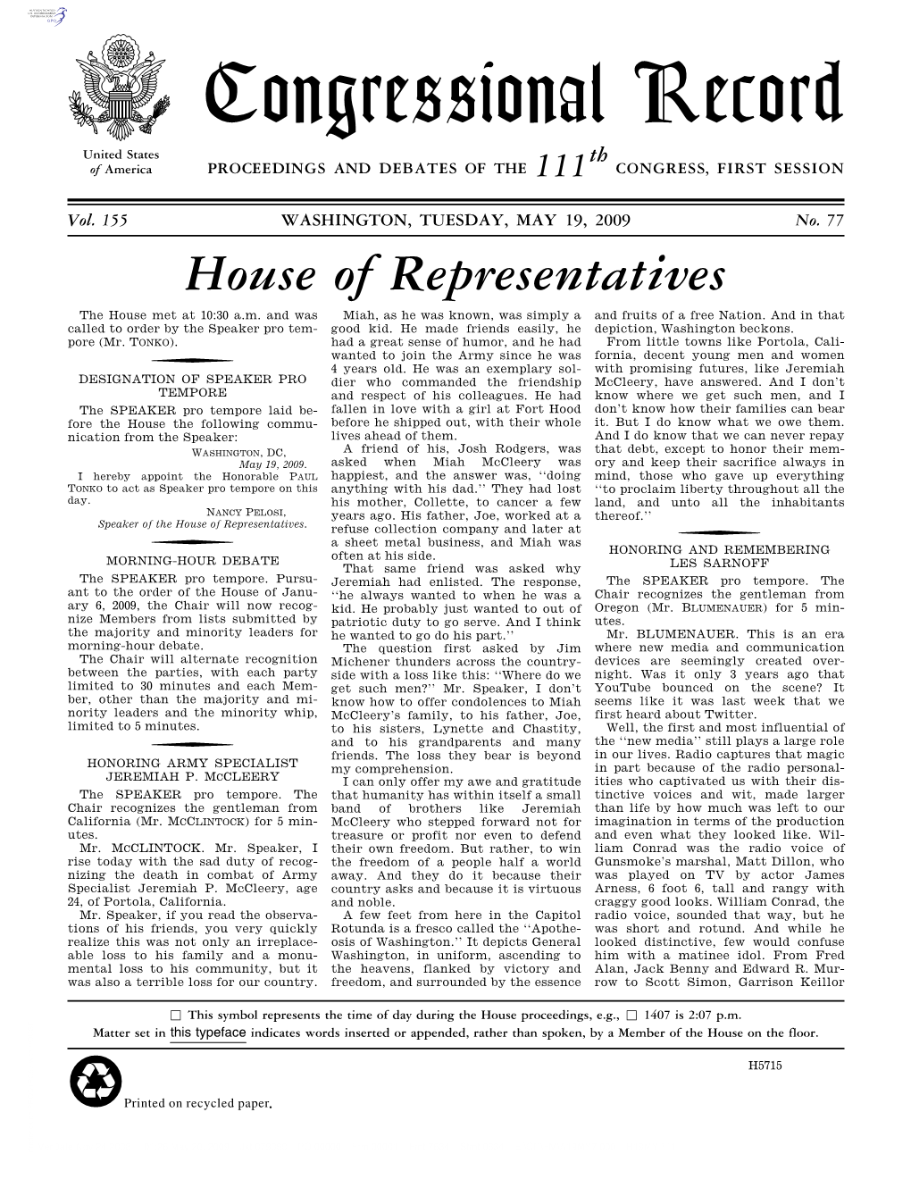 Congressional Record United States Th of America PROCEEDINGS and DEBATES of the 111 CONGRESS, FIRST SESSION