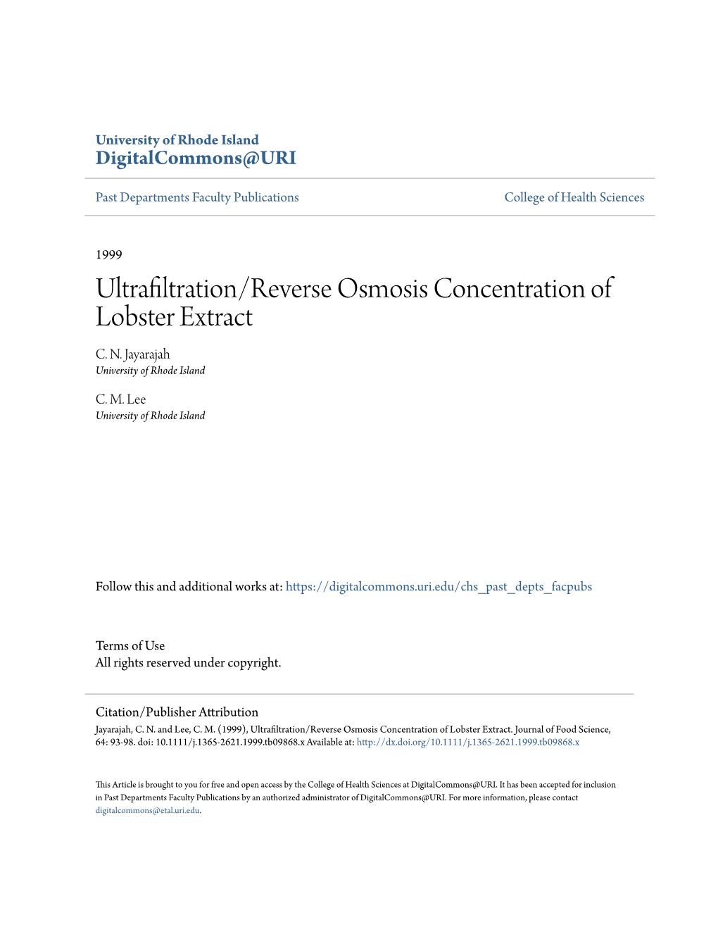 Ultrafiltration/Reverse Osmosis Concentration of Lobster Extract C