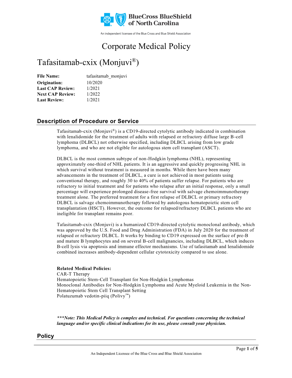 Corporate Medical Policy Tafasitamab-Cxix (Monjuvi®)