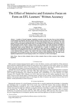 The Effect of Intensive and Extensive Focus on Form on EFL Learners‟ Written Accuracy