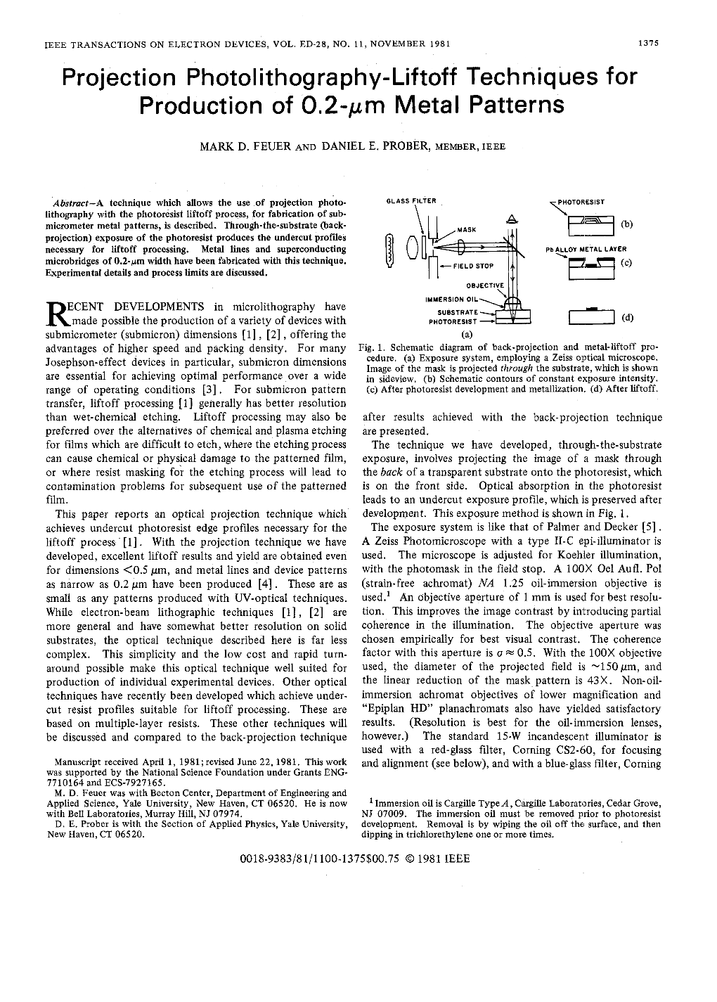 Projection Photolithography-Liftoff Techniques for Production of 0.2-Pm Metal Patterns