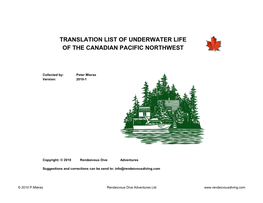 Translation List of Underwater Life of the Canadian Pacific Northwest