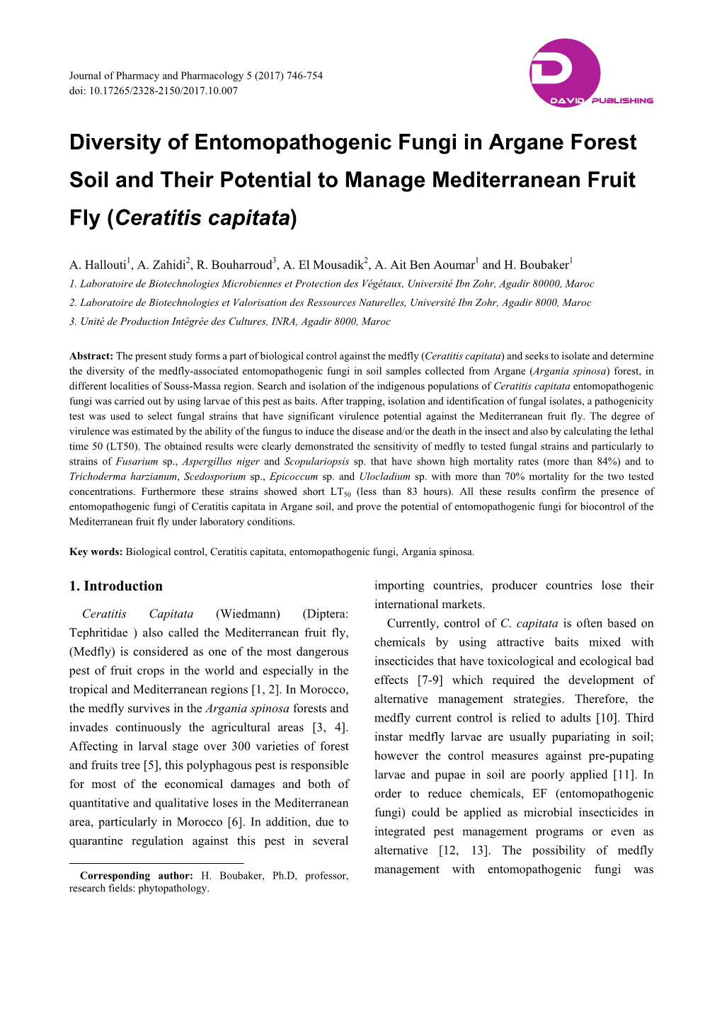 Diversity of Entomopathogenic Fungi in Argane Forest Soil and Their Potential to Manage Mediterranean Fruit Fly (Ceratitis Capitata)