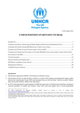 Unhcr Position on Returns to Iraq