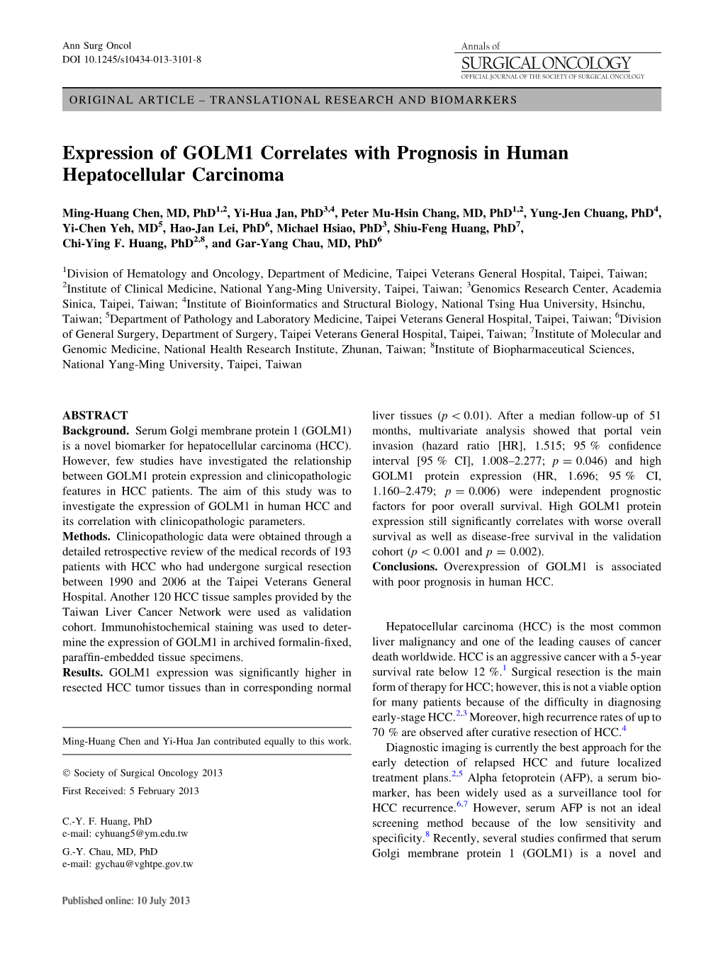 Expression of GOLM1 Correlates with Prognosis in Human Hepatocellular Carcinoma