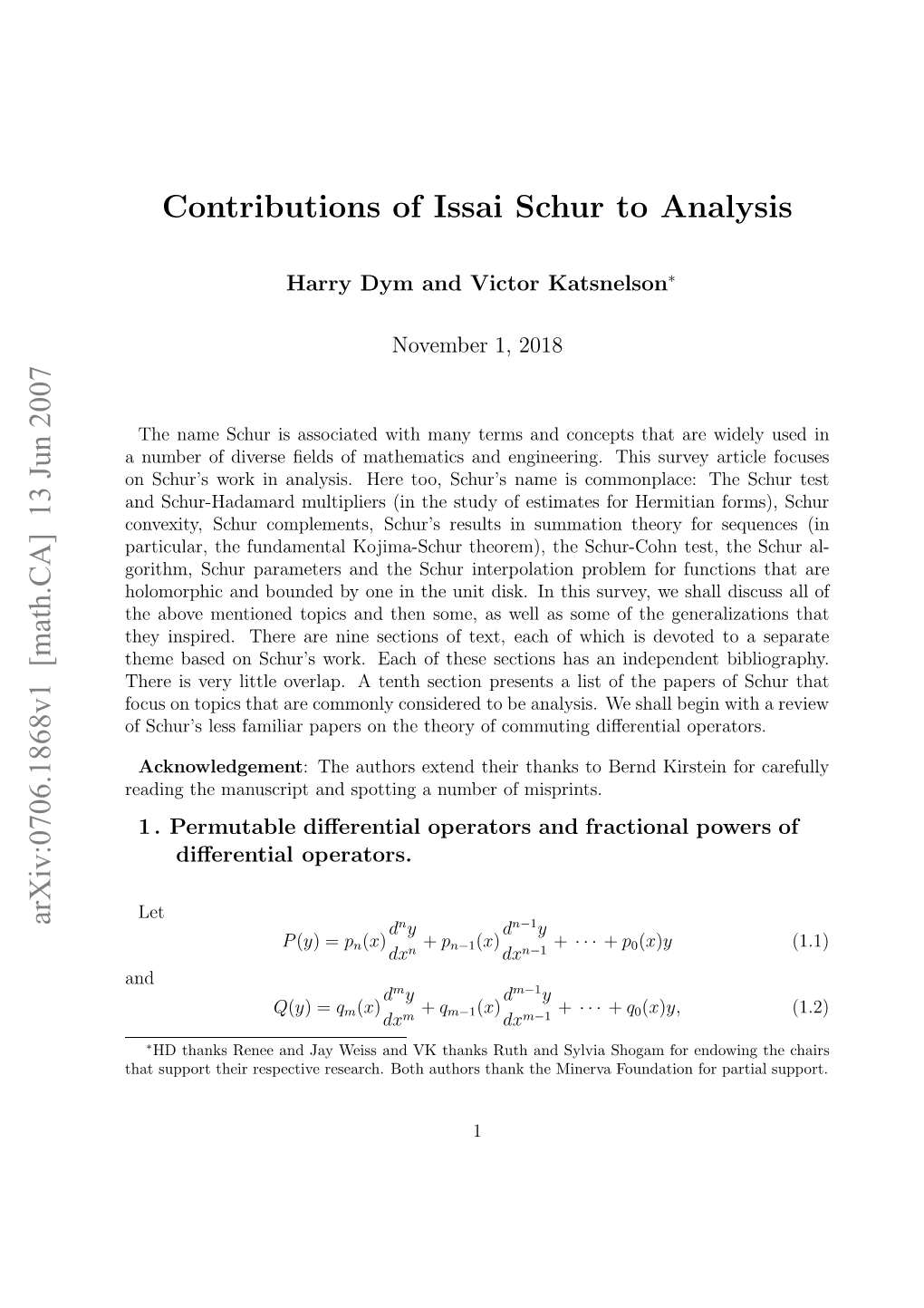 Contributions of Issai Schur to Analysis