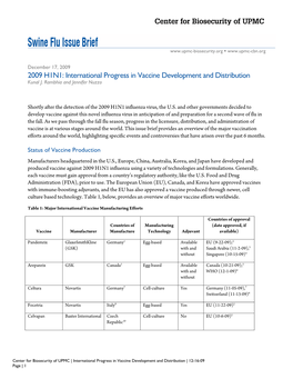 2009 H1N1: International Progress in Vaccine Development and Distribution Kunal J