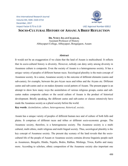 Socio-Cultural History of Assam: a B Rief Reflection
