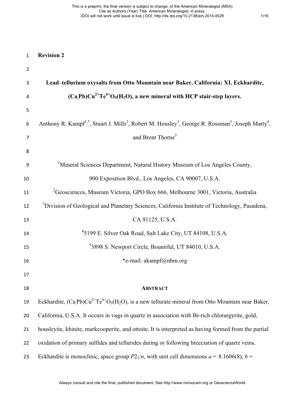 Revision 2 Lead–Tellurium Oxysalts from Otto Mountain Near Baker