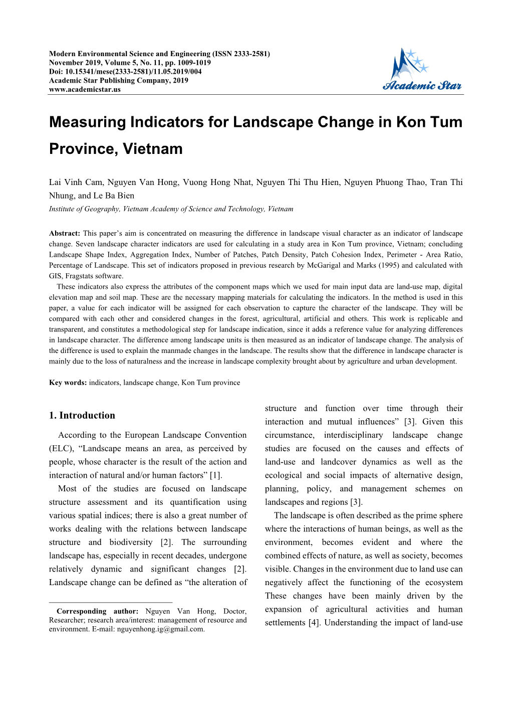 Measuring Indicators for Landscape Change in Kon Tum Province, Vietnam