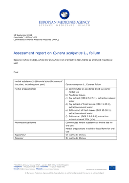 Assessment Report on Cynara Scolymus L., Folium