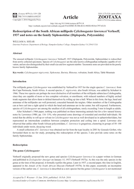 Redescription of the South African Millipede Cylichnogaster Lawrencei Verhoeff, 1937 and Notes on the Family Siphonotidae (Diplopoda, Polyzoniida)