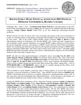 Boston Early Music Festival Announces 2013 Festival