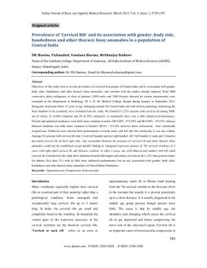 'Cervical Rib' and Its Association with Gender, Body Side, Handedness and Other Thoracic Bony Anomalies in a Population of Central India