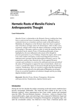 Hermetic Roots of Marsilio Ficino's Anthropocentric Thought