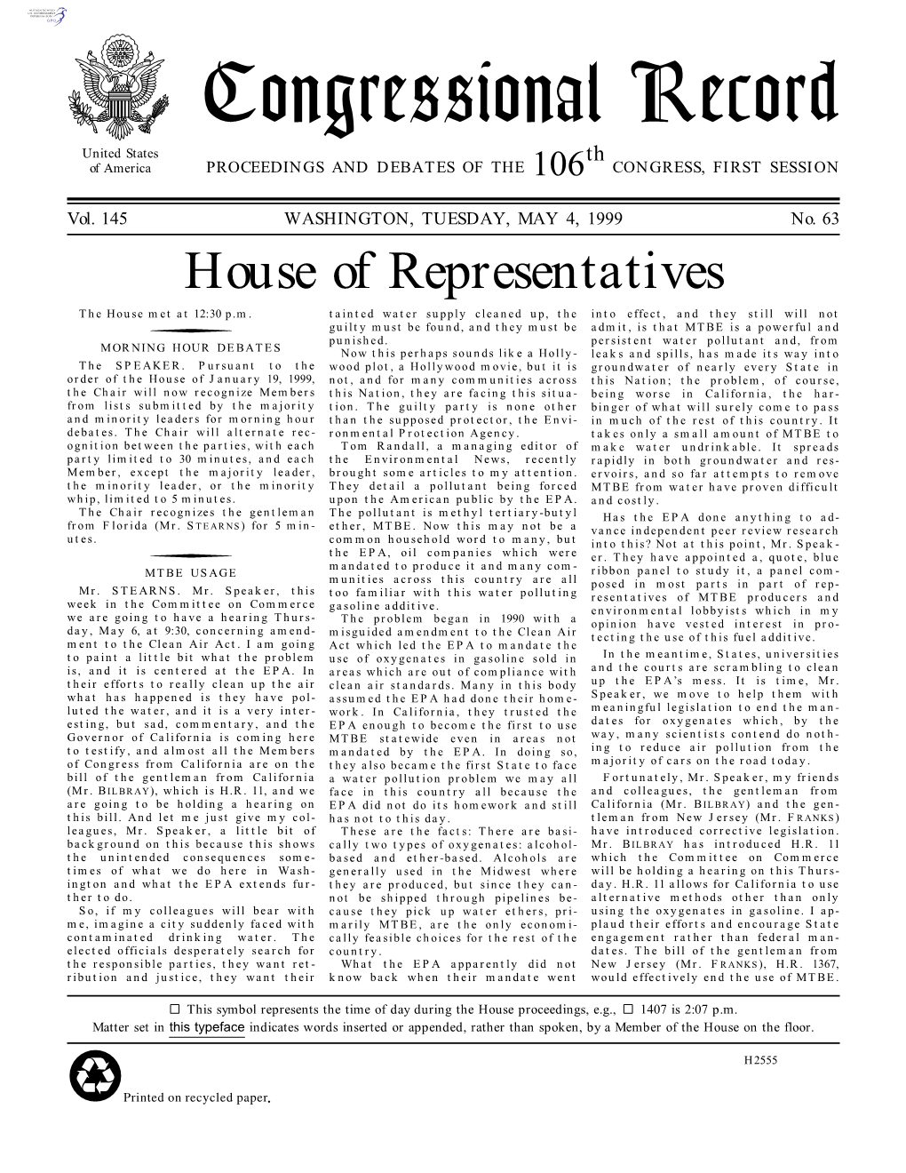 Congressional Record United States Th of America PROCEEDINGS and DEBATES of the 106 CONGRESS, FIRST SESSION