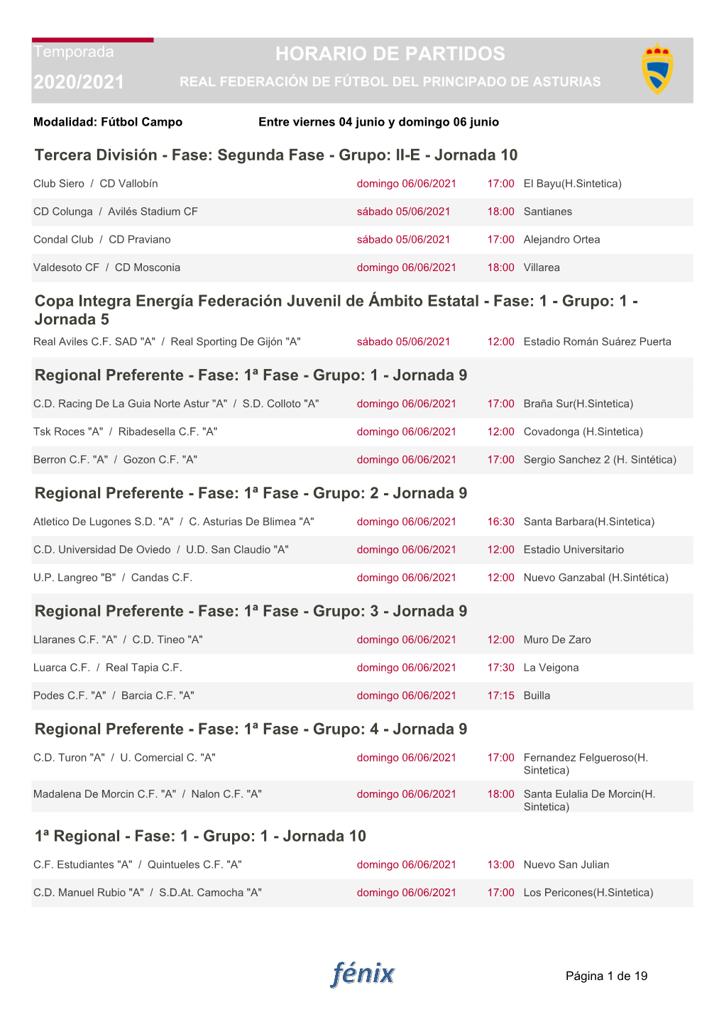 2020/2021 Horario De Partidos