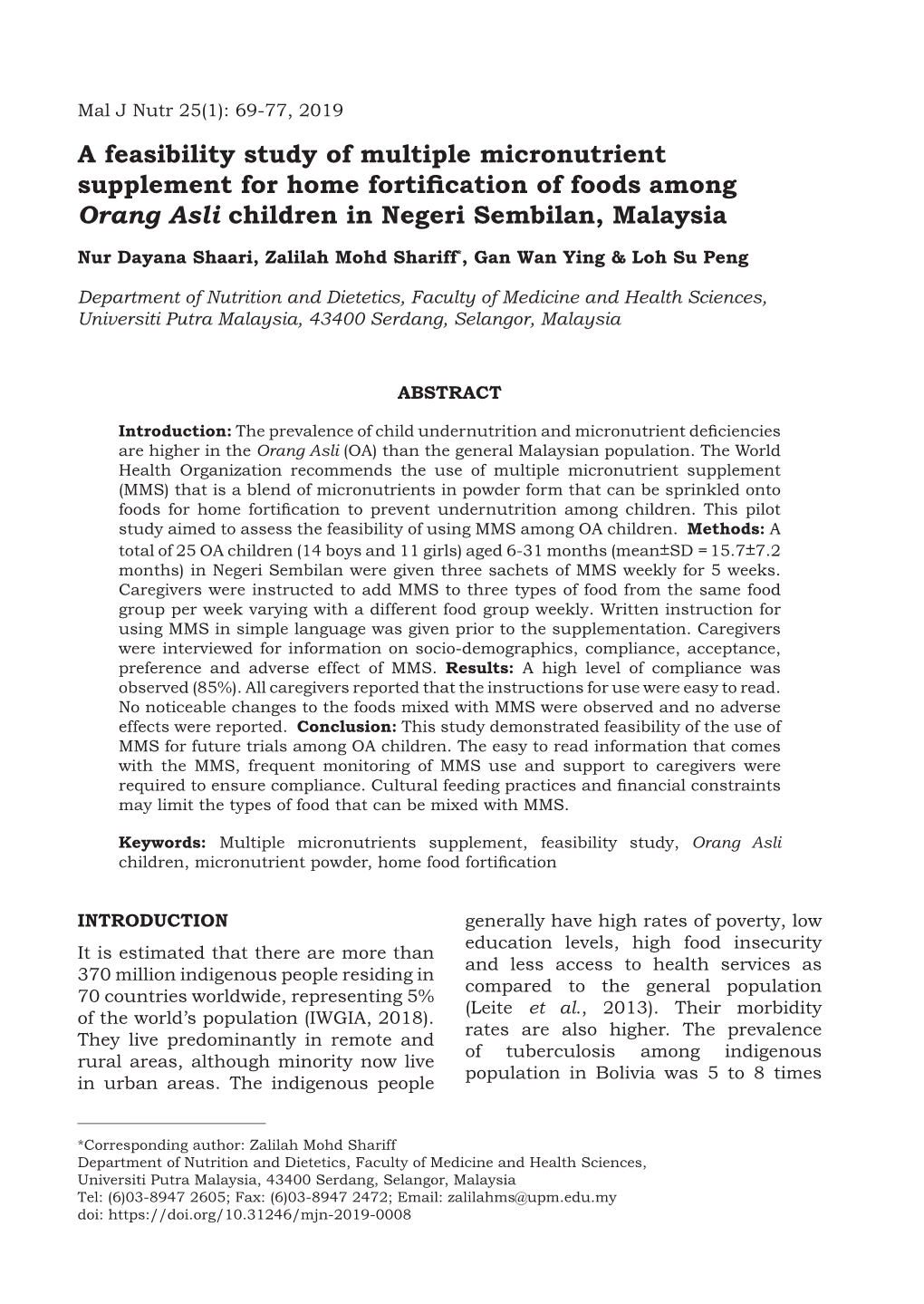 A Feasibility Study of Multiple Micronutrient Supplement for Home Fortification of Foods Among Orang Asli Children in Negeri Sembilan, Malaysia