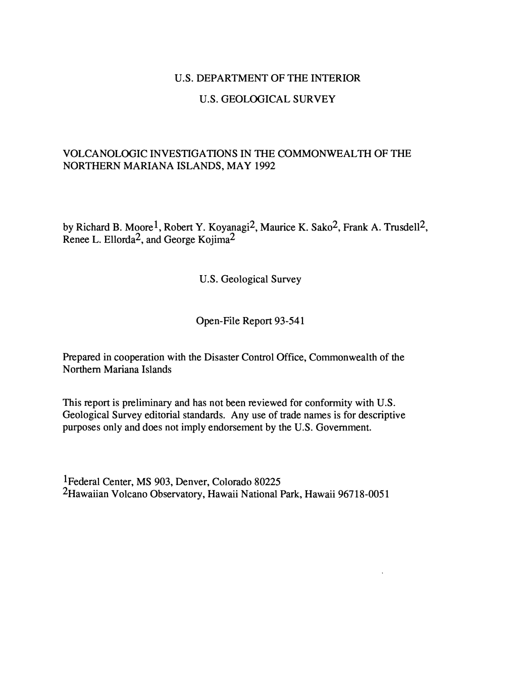 Volcanologic Investigations in the Commonwealth of the Northern Mariana Islands, May 1992