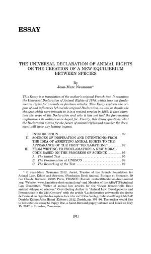 The Universal Declaration of Animal Rights Or the Creation of a New Equilibrium Between Species