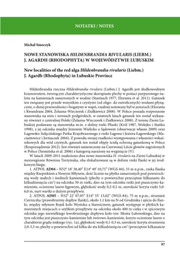 Nowe Stanowiska Hildenbrandia Rivularis (Liebm.) J