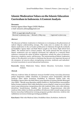 Islamic Moderation Values on the Islamic Education Curriculum in Indonesia: a Content Analysis