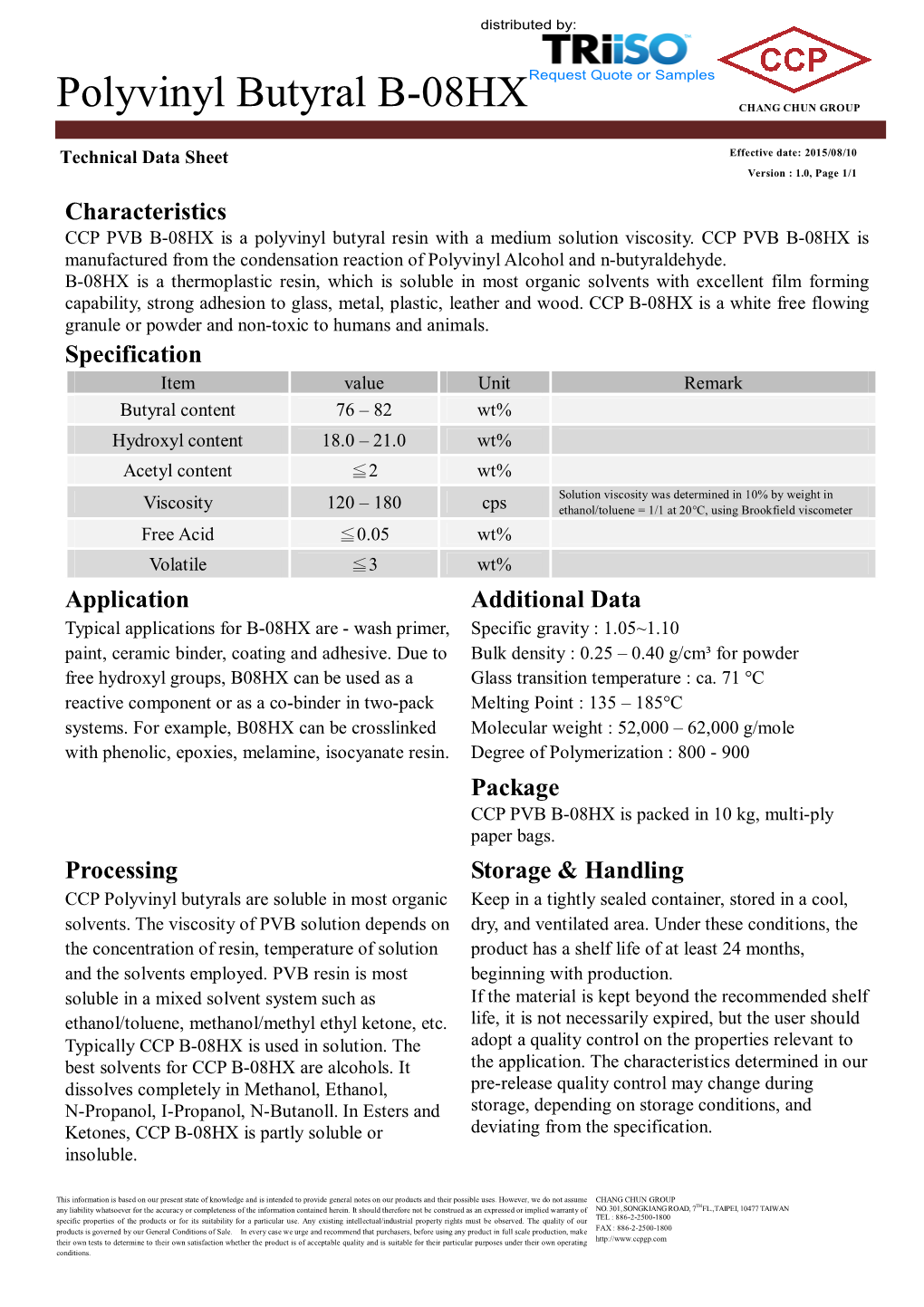 Polyvinyl Butyral B-08HX Resin