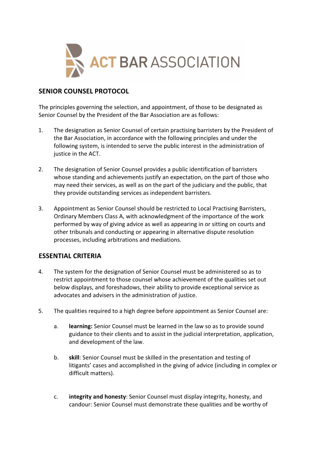 Senior Counsel Protocol Essential Criteria