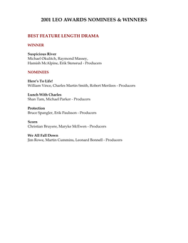 2001 Leo Awards Nominees & Winners
