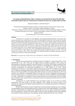 [654] Screening and Identification of Rare Actinomycetes Isolated from Soil in Pho Hin