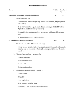 Series 66 Test Specifications Topic Weight Number