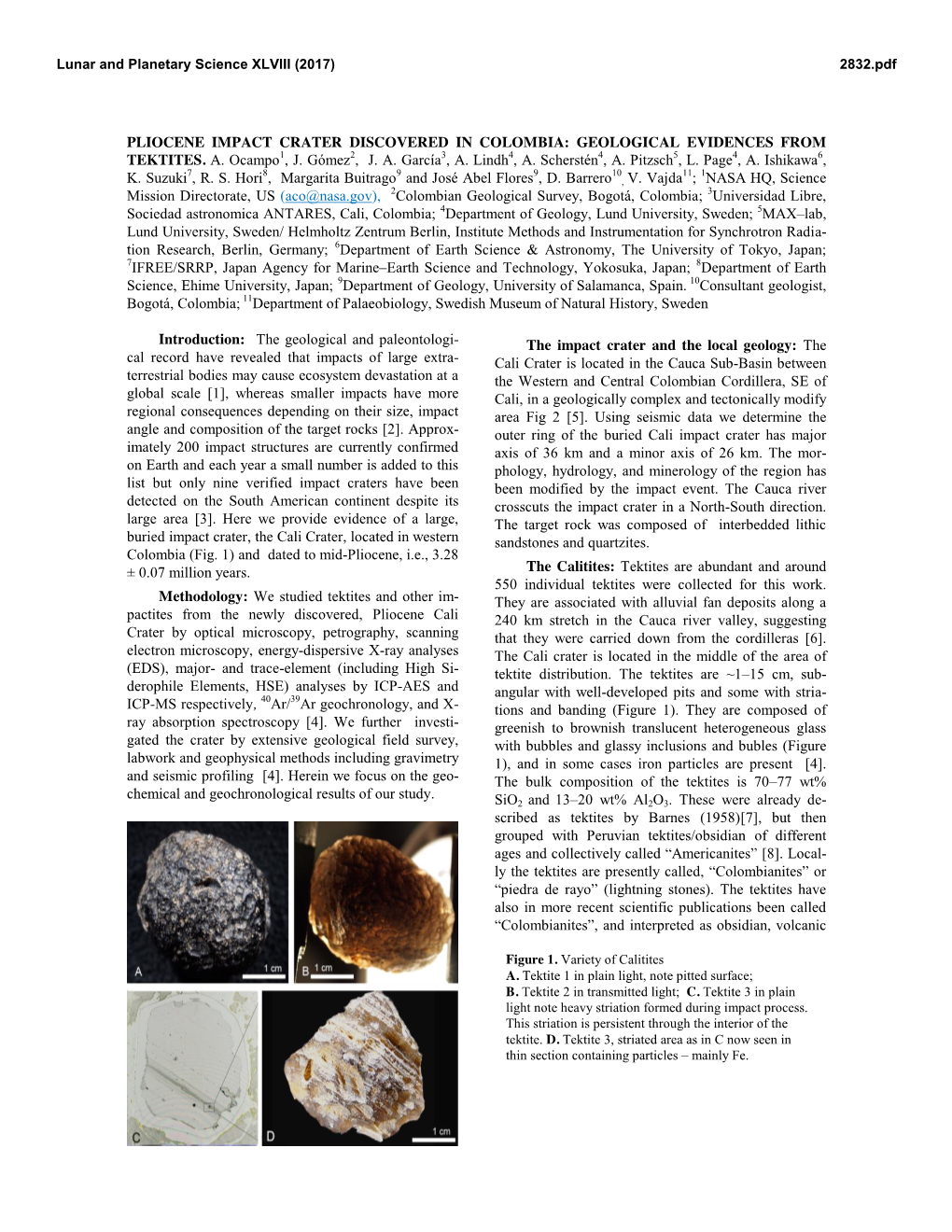 Pliocene Impact Crater Discovered in Colombia: Geological Evidences from Tektites