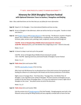 Itinerary for 2014 Shanghai Tourism Festival with Optional Extension Tours to Suzhou / Hangzhou and Beijing