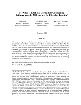 The Value of Relational Contracts in Outsourcing: Evidence from the 2008 Shock to the US Airline Industry*