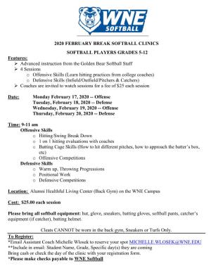 2020 February Break Softball Clinics Softball Players