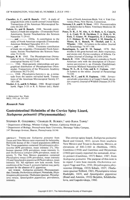 Gastrointestinal Helminths of the Crevice Spiny Lizard, Sceloporus Poinsettii (Phrynosomatidae)