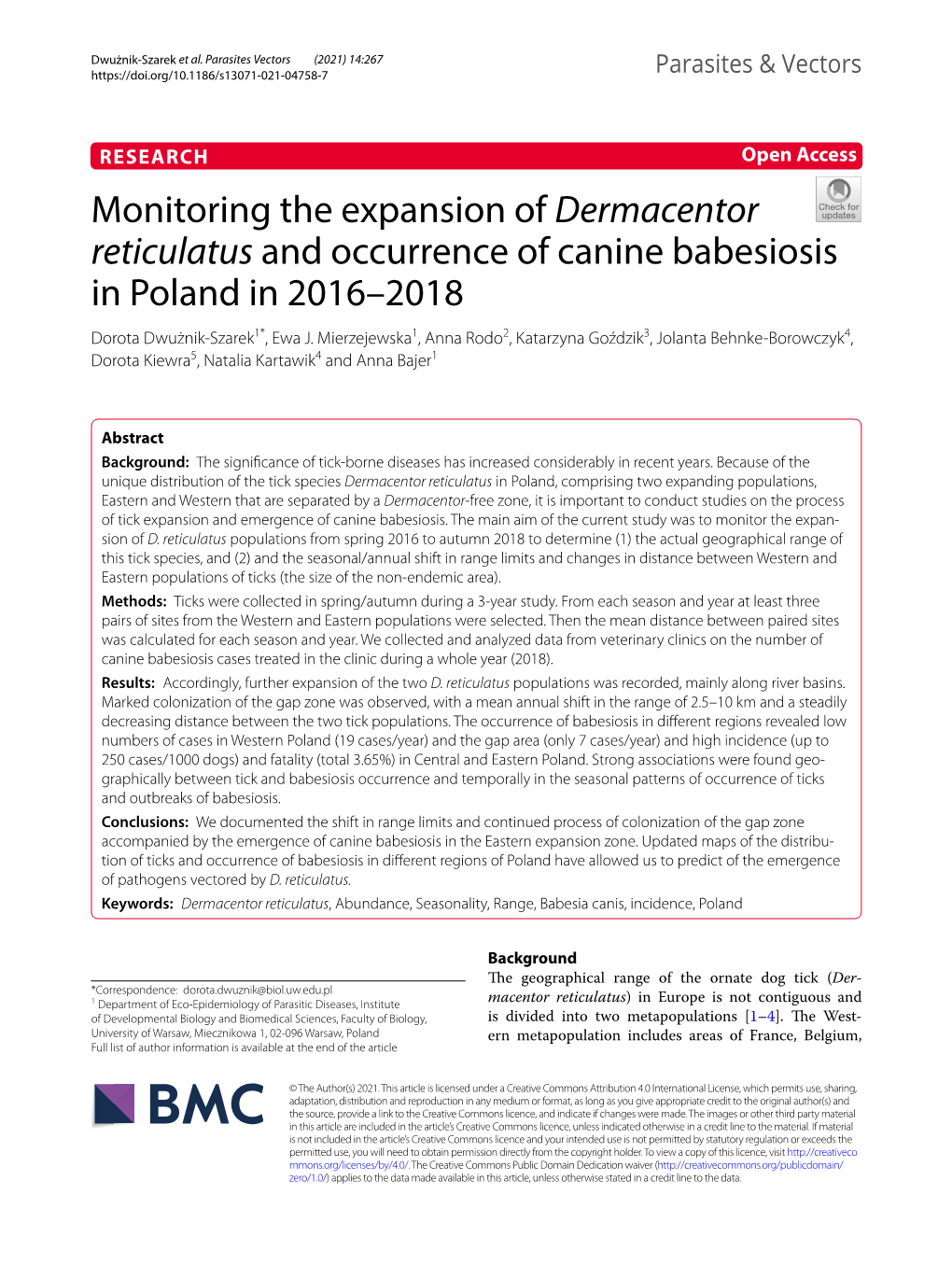 Dermacentor Reticulatus and Occurrence of Canine Babesiosis in Poland in 2016–2018 Dorota Dwużnik‑Szarek1*, Ewa J