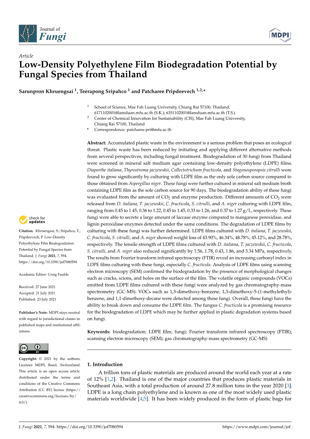 Low-Density Polyethylene Film Biodegradation Potential by Fungal Species from Thailand