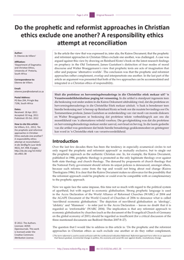 Do the Prophetic and Reformist Approaches in Christian Ethics Exclude One Another? a Responsibility Ethics Attempt at Reconciliation