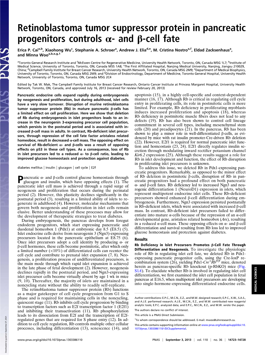 Retinoblastoma Tumor Suppressor Protein in Pancreatic Progenitors Controls Α- and Β-Cell Fate