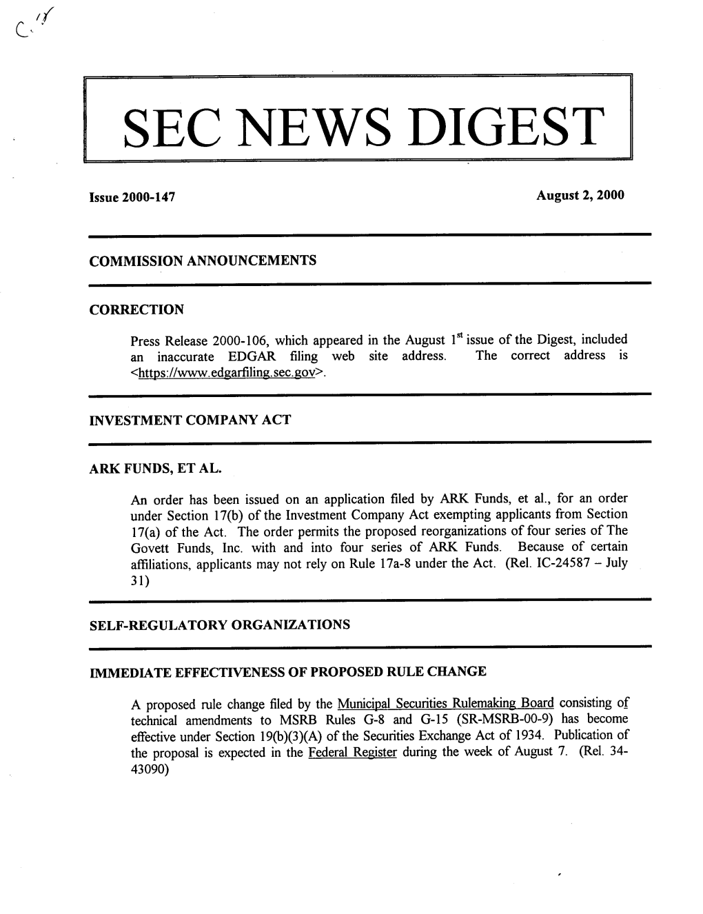 SEC News Digest, August 2, 2000