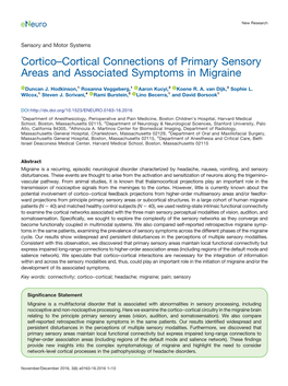 Cortico–Cortical Connections of Primary Sensory Areas and Associated Symptoms in Migraine