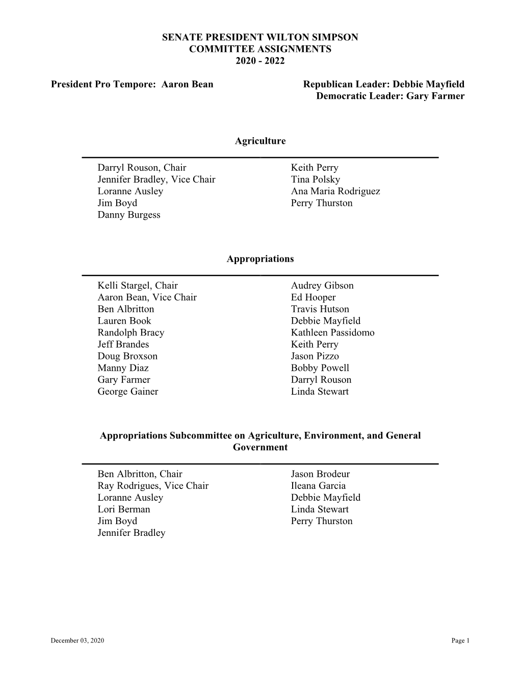 Senate President Wilton Simpson Committee Assignments 2020 - 2022